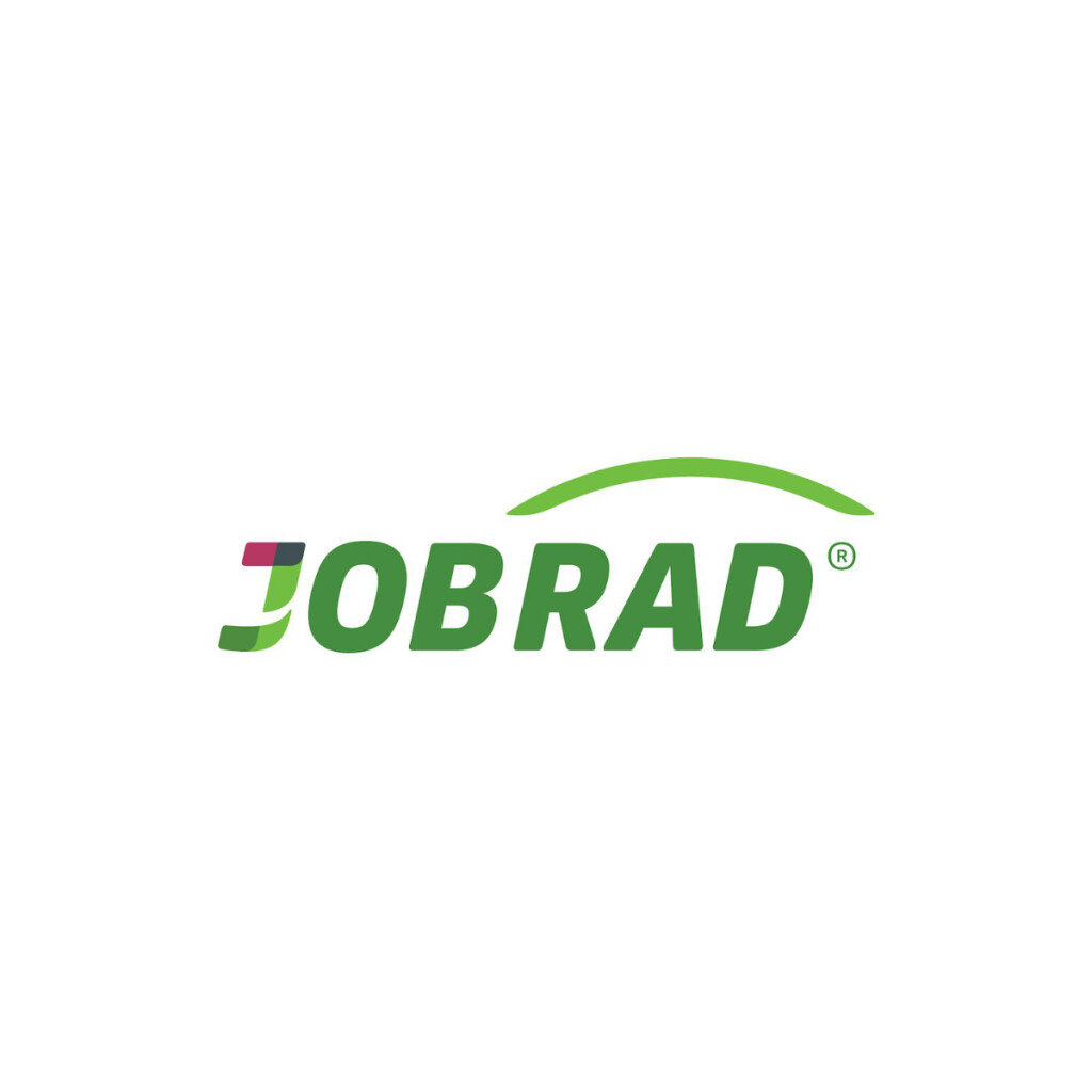 JOBRAD Firmenlogo mit grünem Text, einem pinkfarbenen J mit einem nach oben zeigenden Pfeil und einem grünen Bogen.